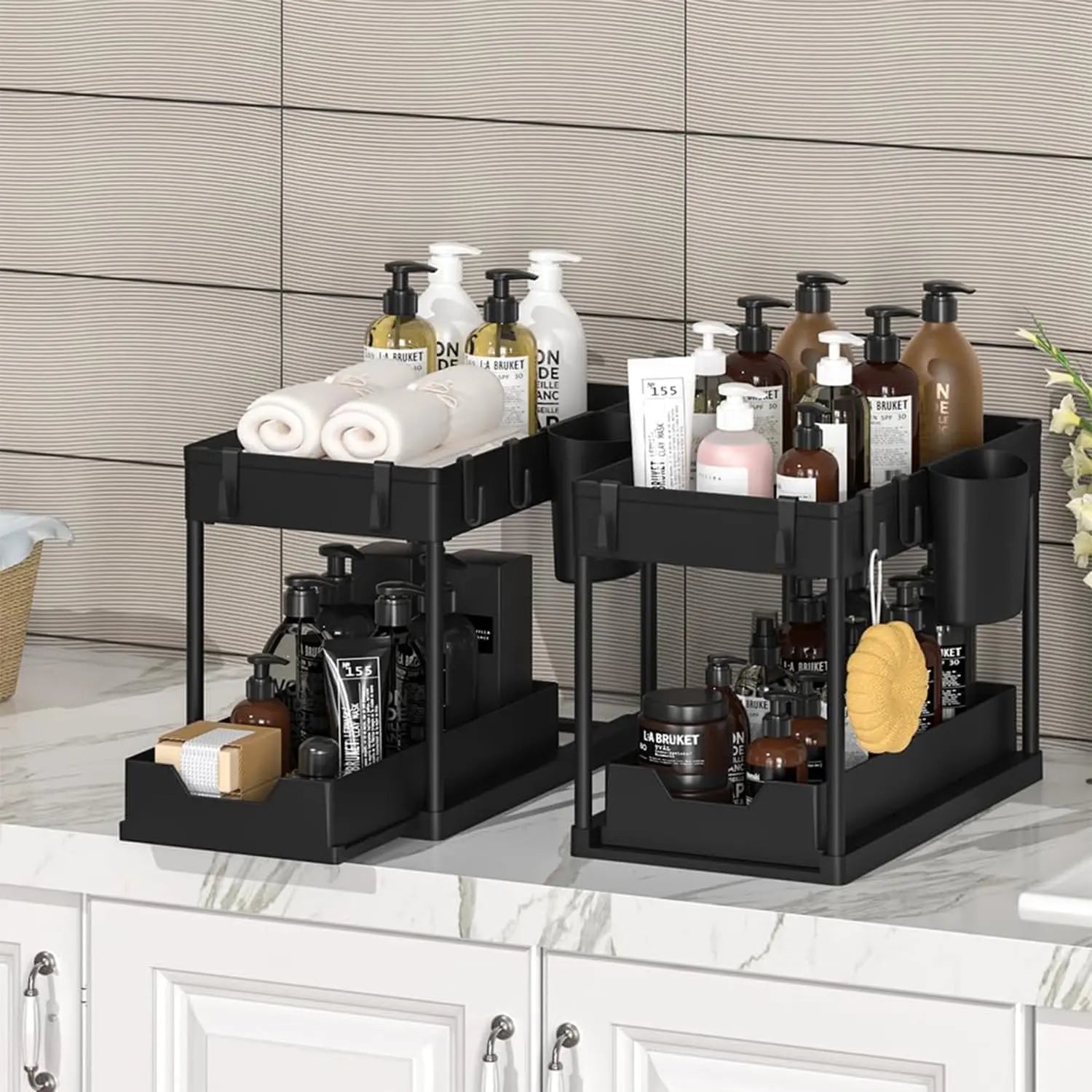 Under Sink Organizers 2 Tier Under Bathroom Cabinet Holder with Hooks