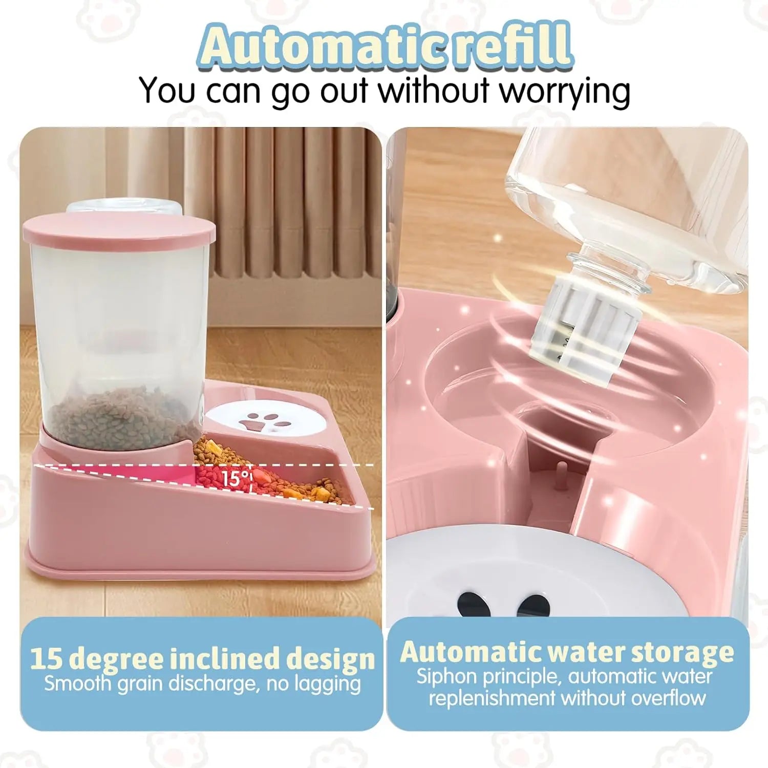 Automatic Cat Feeder Water Dispenser Set, 2 In 1 Tilted Automatic Pet