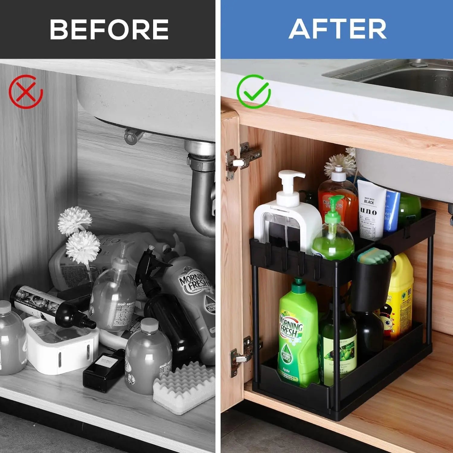 Under Sink Organizers 2 Tier Under Bathroom Cabinet Holder with Hooks
