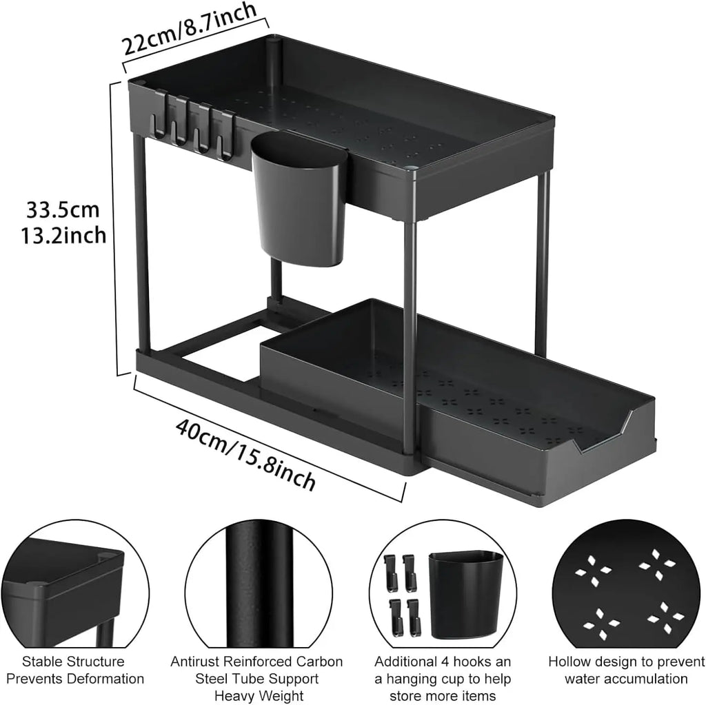 Under Sink Organizers 2 Tier Under Bathroom Cabinet Holder with Hooks