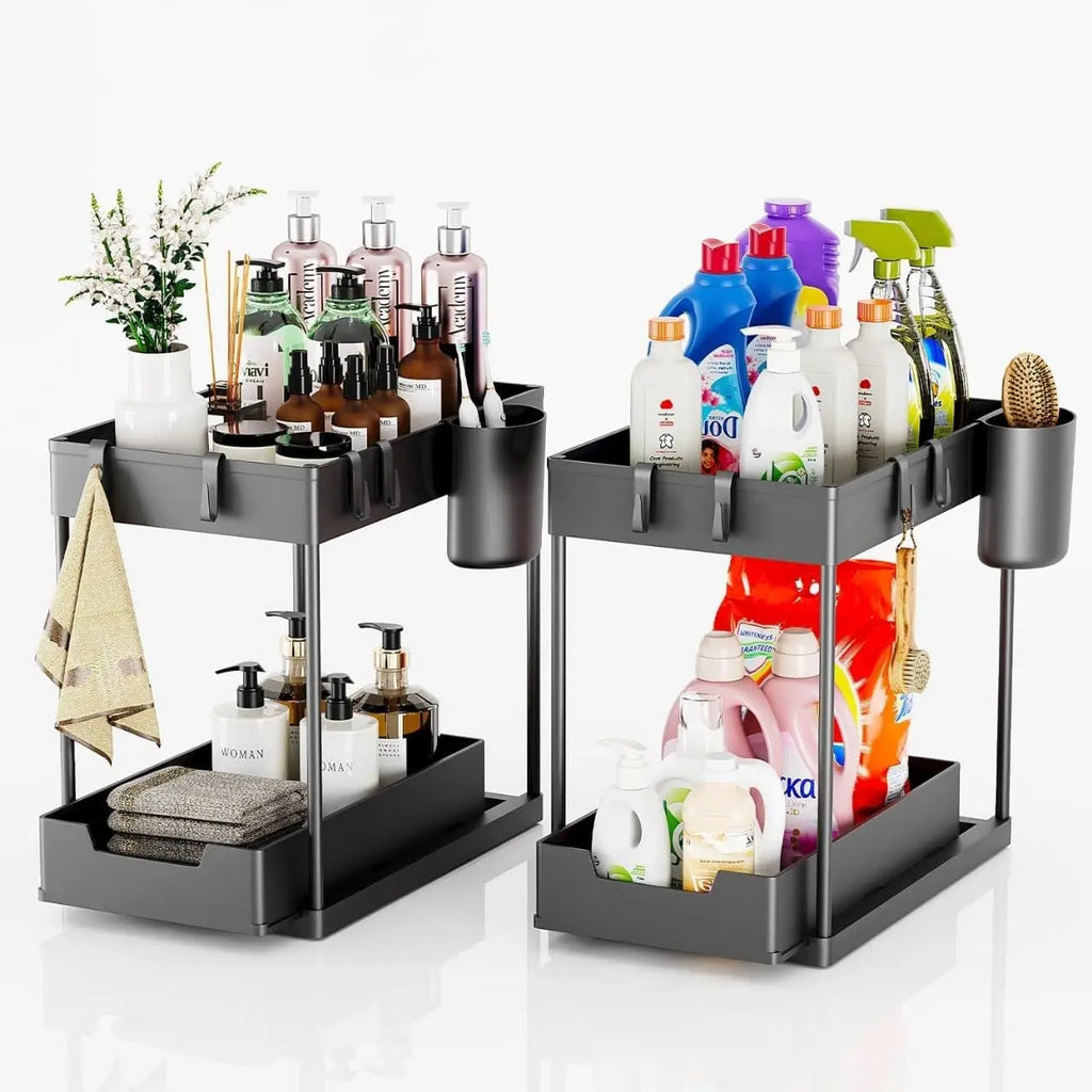 Under Sink Organizers 2 Tier Under Bathroom Cabinet Holder with Hooks
