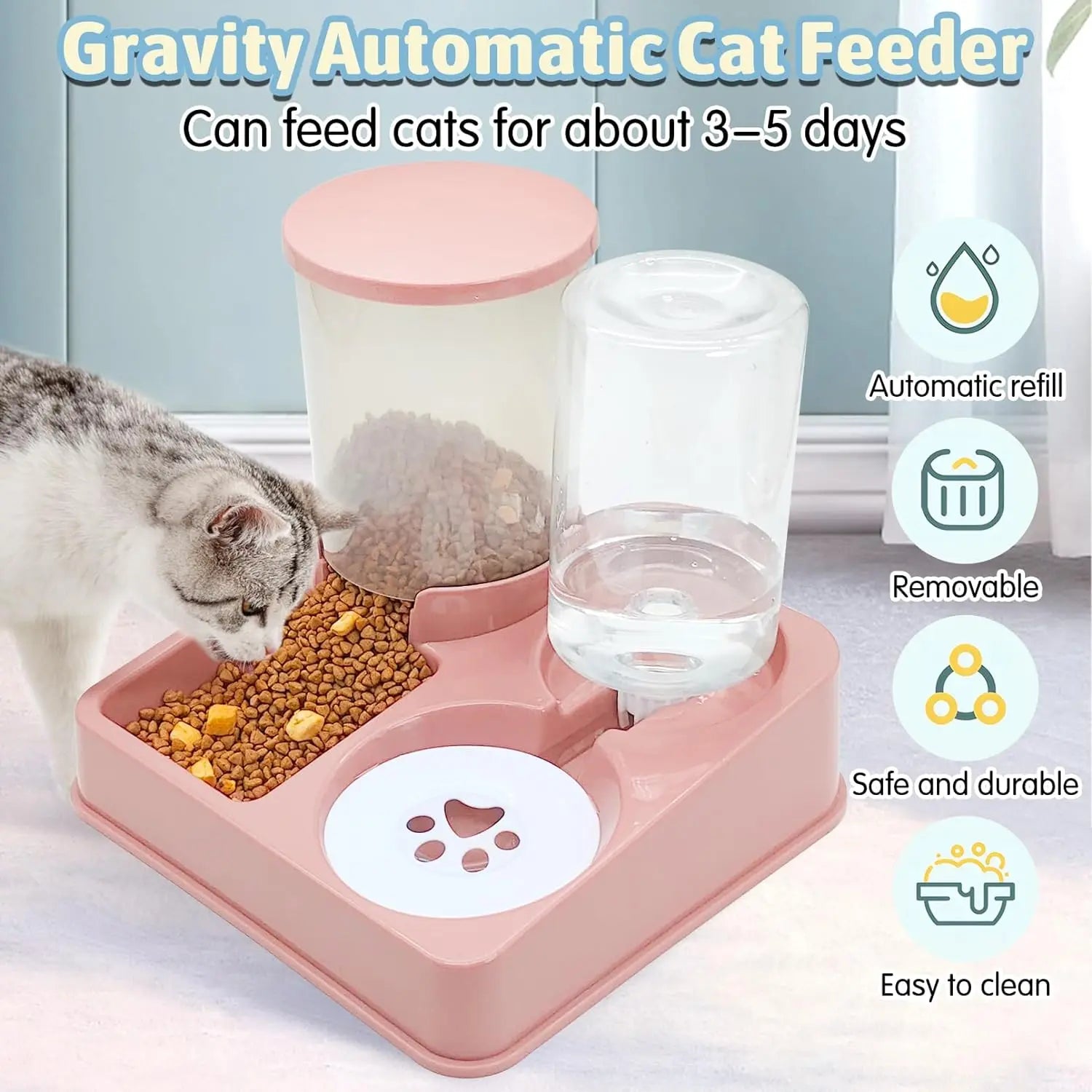 Automatic Cat Feeder Water Dispenser Set, 2 In 1 Tilted Automatic Pet